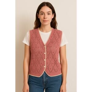 Vintage Jantzen Ramie Cotton Knit Sweater Vest L Pink Eyelet Lace Button Front
